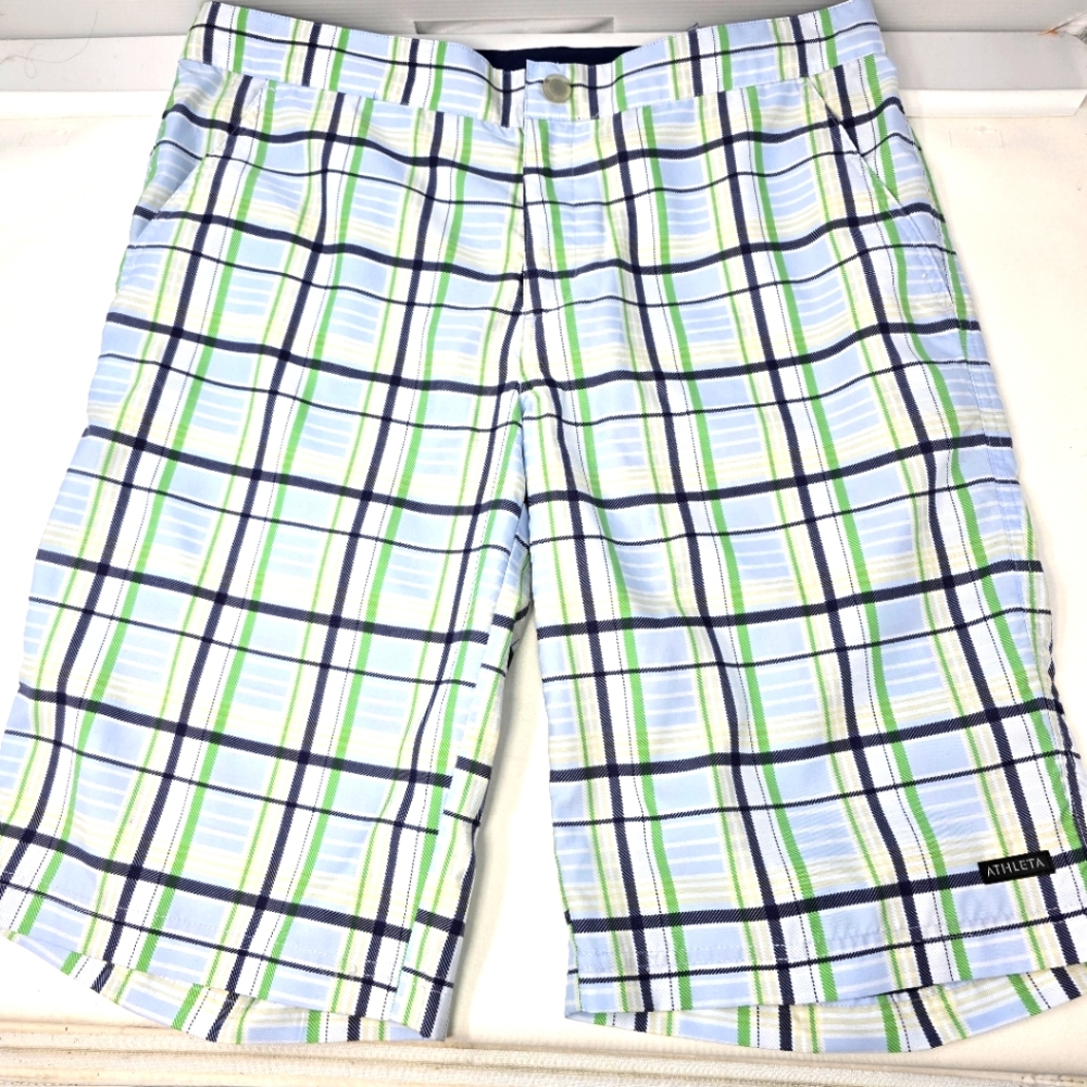 Athleta Women's Bermuda Shorts Flat Front Blue‎ Green Plaid Size 12 Poly 31112.